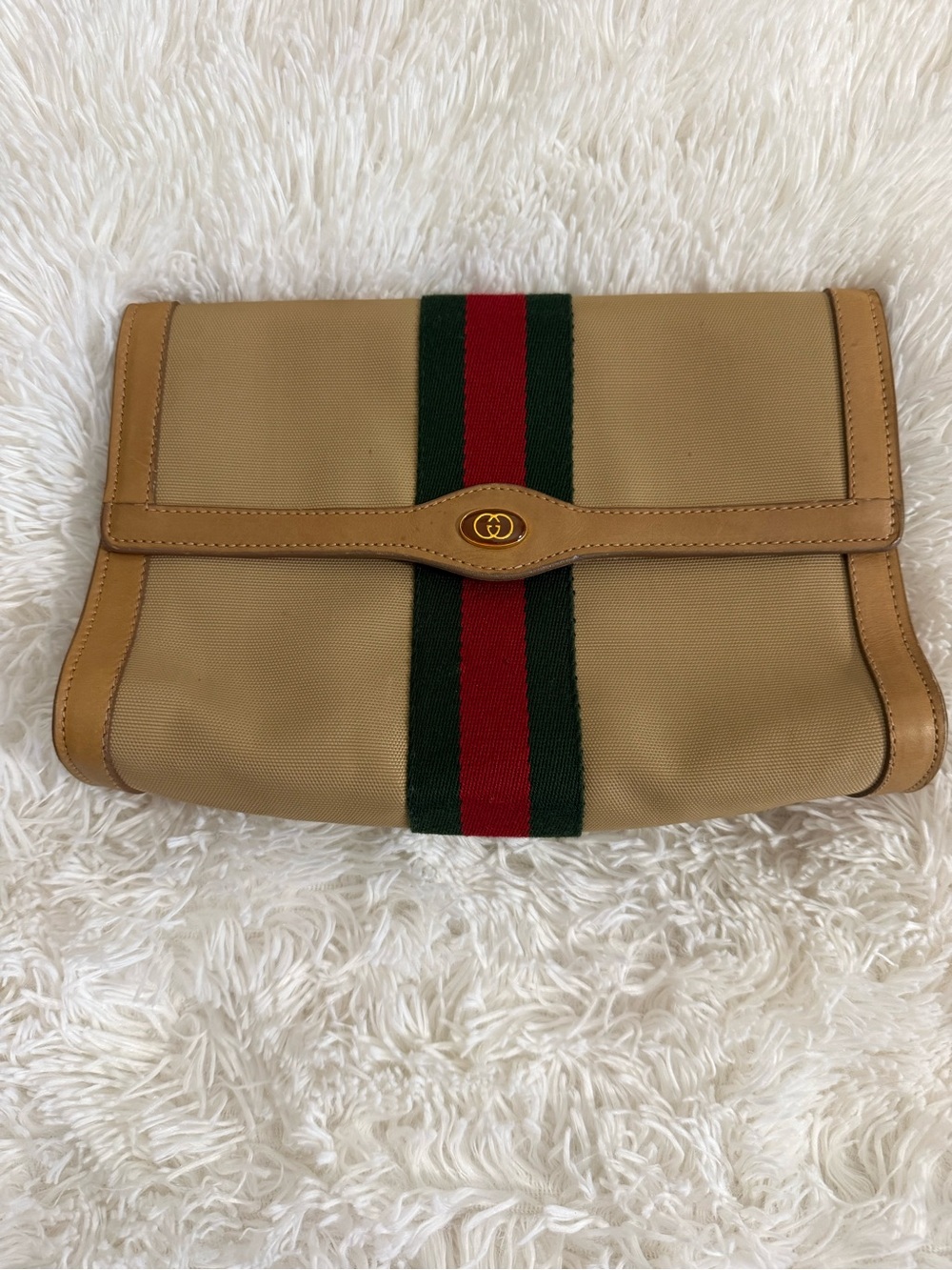 Vintage Gucci Tan Canvas Clutch with Green-Red Stripe